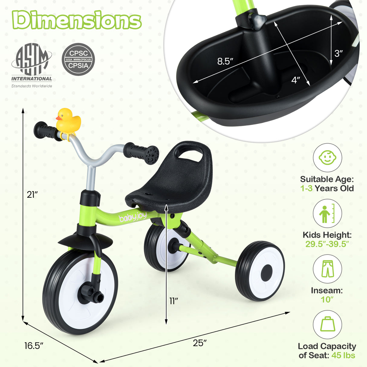 Toddler Tricycle with 3-Position Seat and Storage Basket for Kids-Green