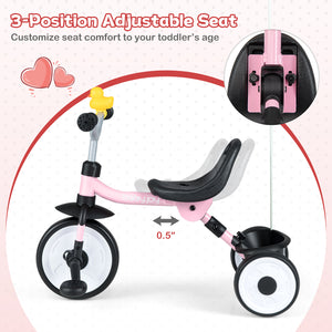 Toddler Tricycle with 3-Position Seat and Storage Basket for Kids-Pink