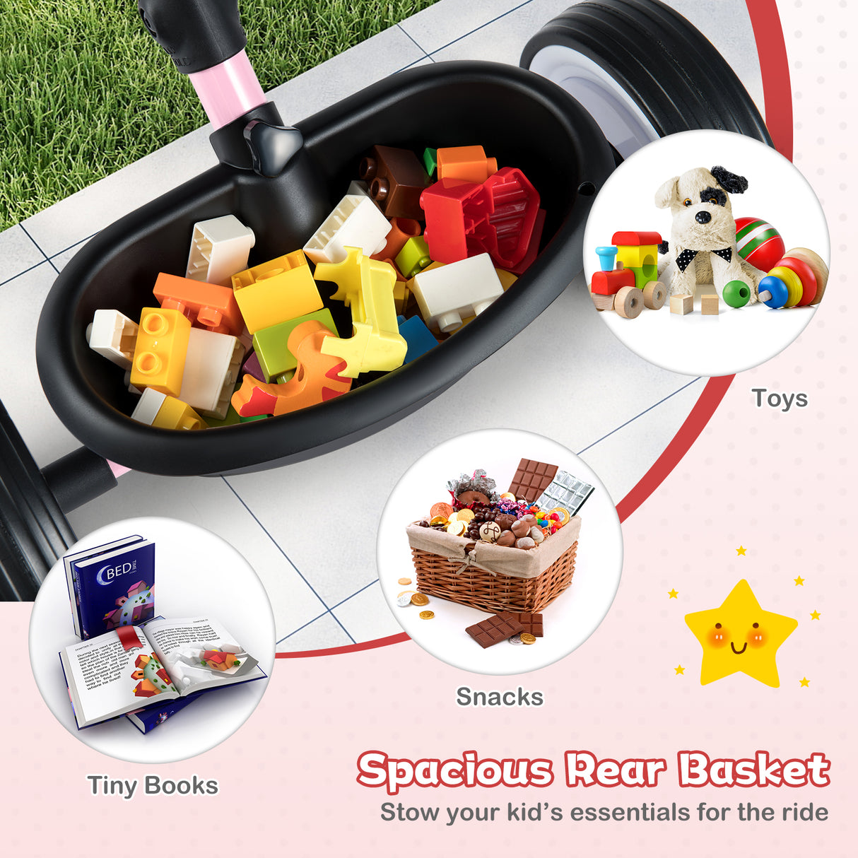 Toddler Tricycle with 3-Position Seat and Storage Basket for Kids-Pink