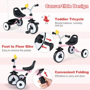 Toddler Tricycle with 3-Position Seat and Storage Basket for Kids-Pink