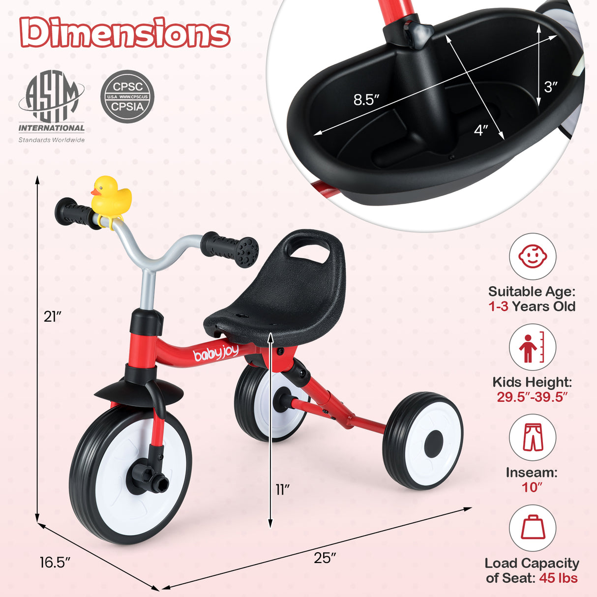 Toddler Tricycle with 3-Position Seat and Storage Basket for Kids-Red