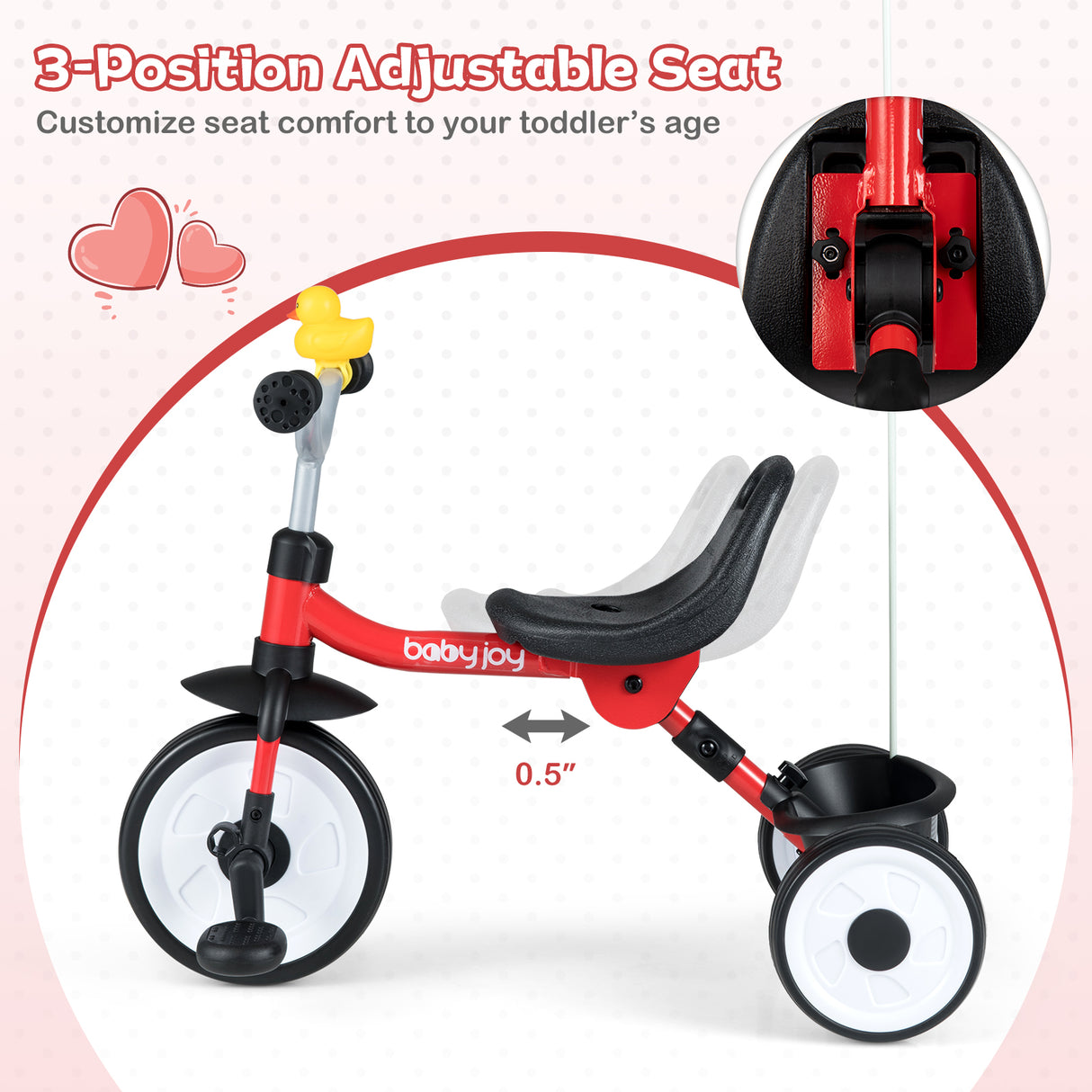 Toddler Tricycle with 3-Position Seat and Storage Basket for Kids-Red