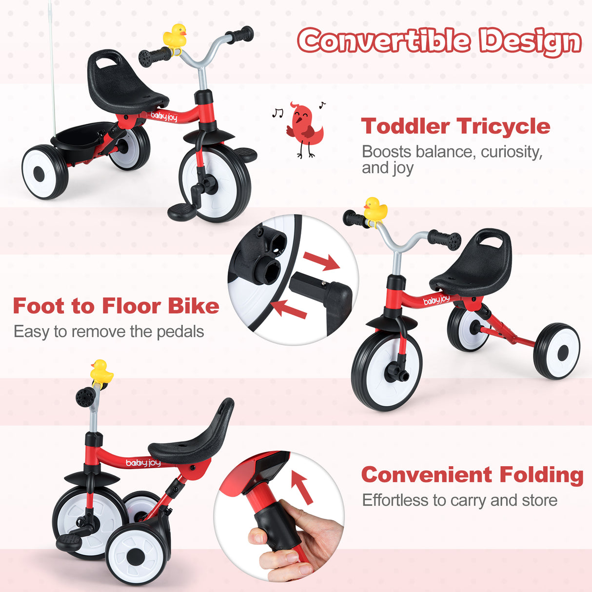 Toddler Tricycle with 3-Position Seat and Storage Basket for Kids-Red