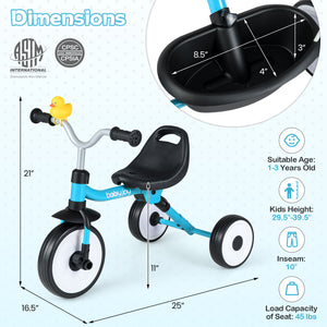 Toddler Tricycle with 3-Position Seat and Storage Basket for Kids-Blue