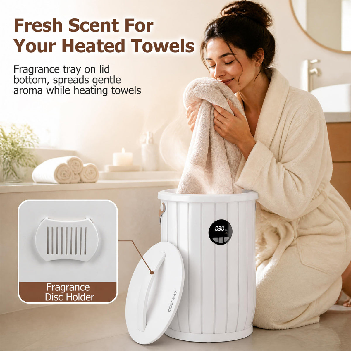Towel Warmer Heated Bucket with Auto Shut Off and Fragrance Tray for Bathrooms-White