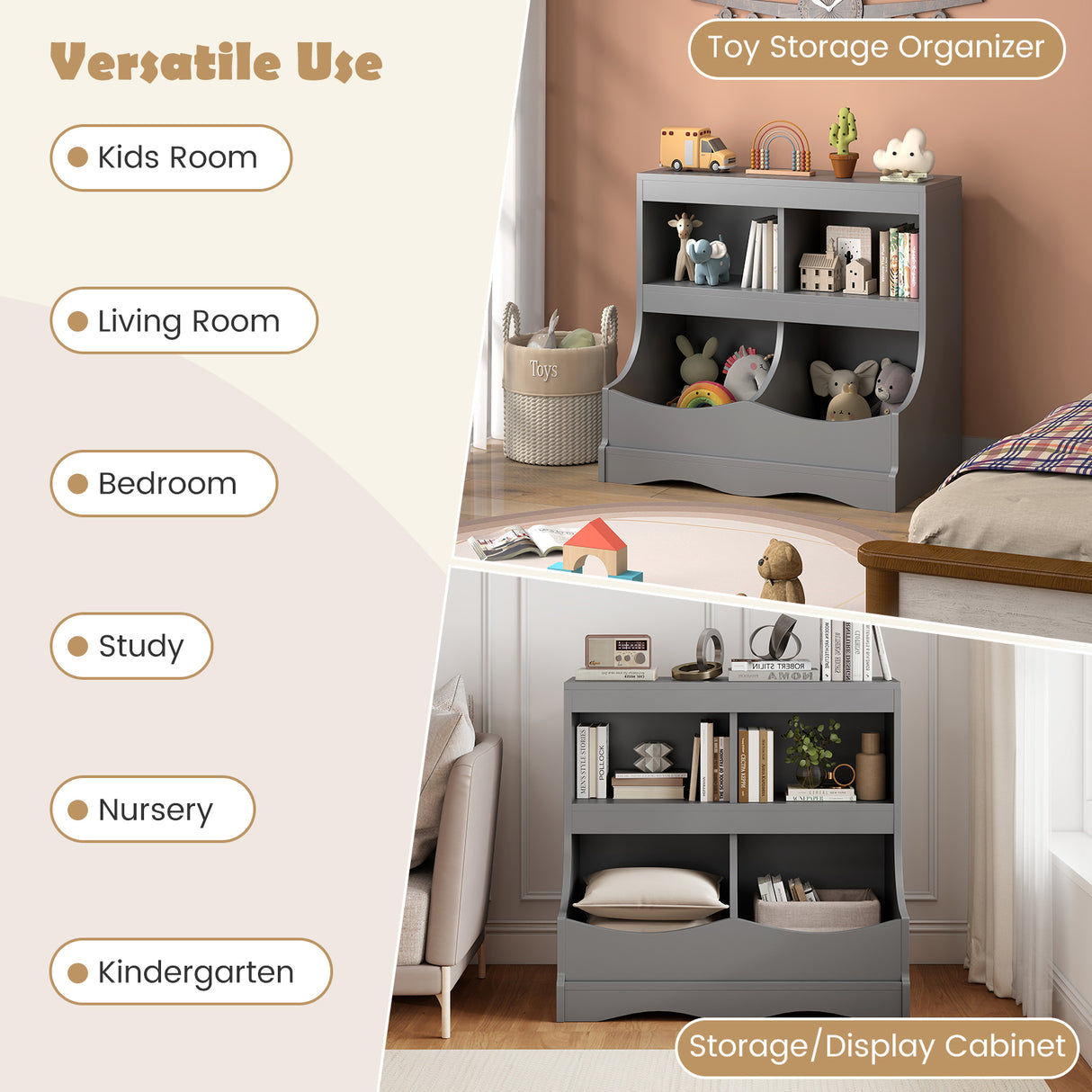 Toy Storage Organizer 4-Cubby Kids Bookcase for Toys and Books-Gray