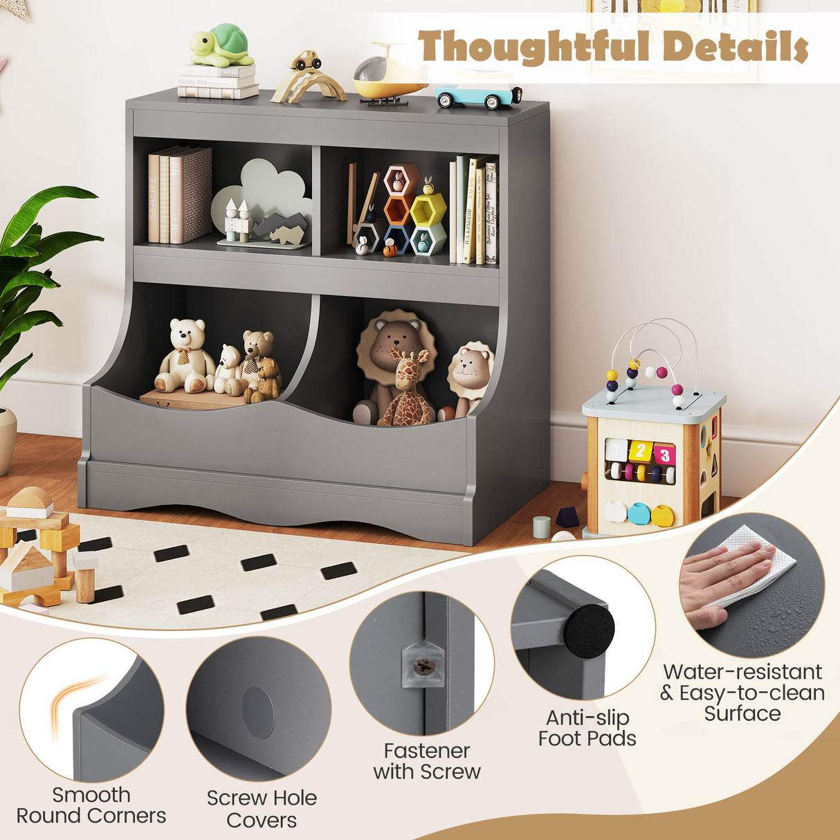 Toy Storage Organizer 4-Cubby Kids Bookcase for Toys and Books-Gray