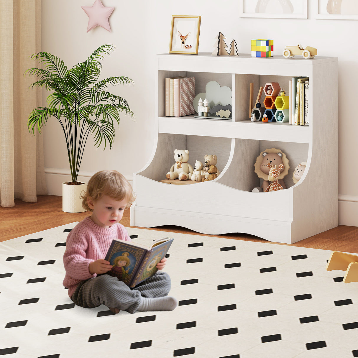 Toy Storage Organizer 4-Cubby Kids Bookcase for Toys and Books-White