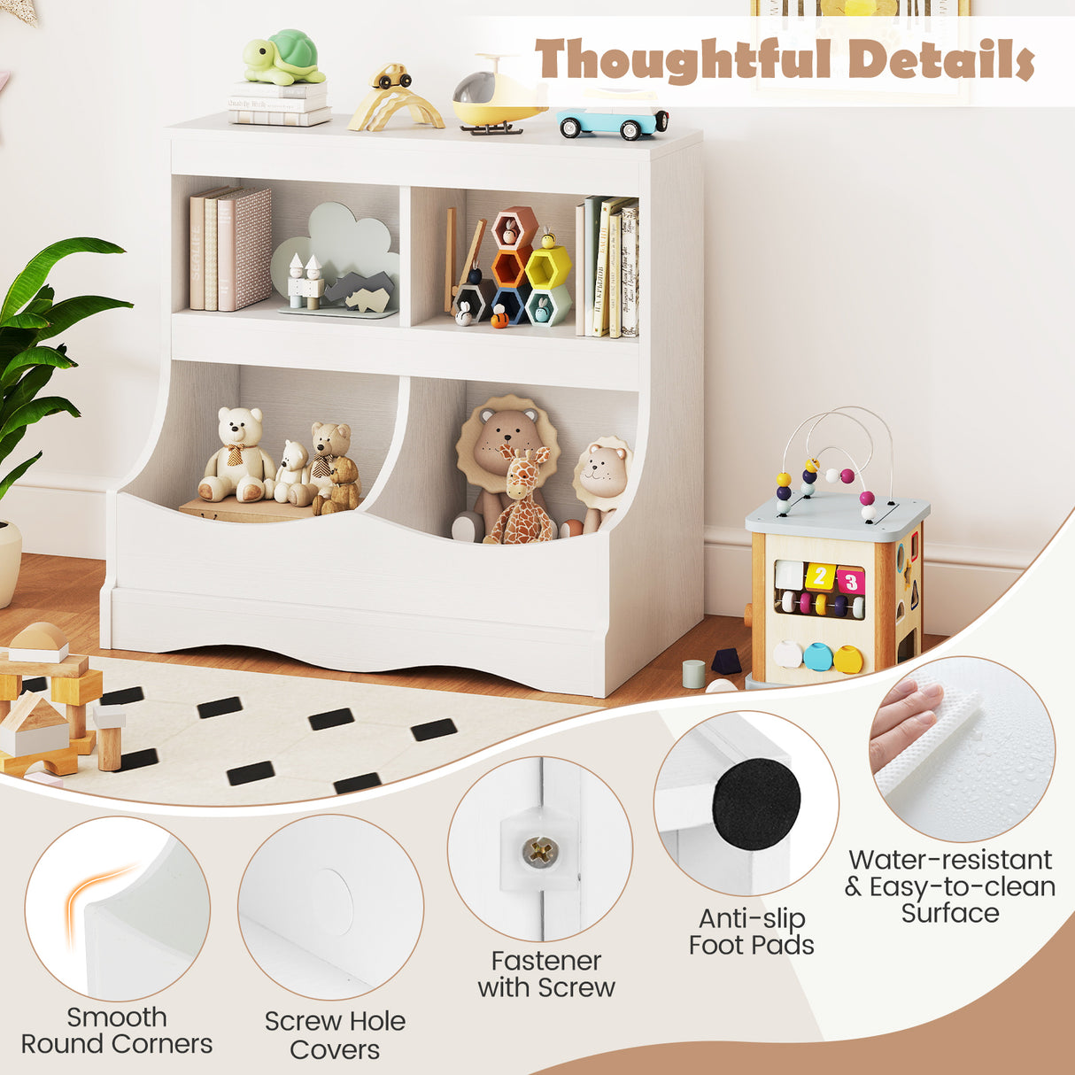 Toy Storage Organizer 4-Cubby Kids Bookcase for Toys and Books-White