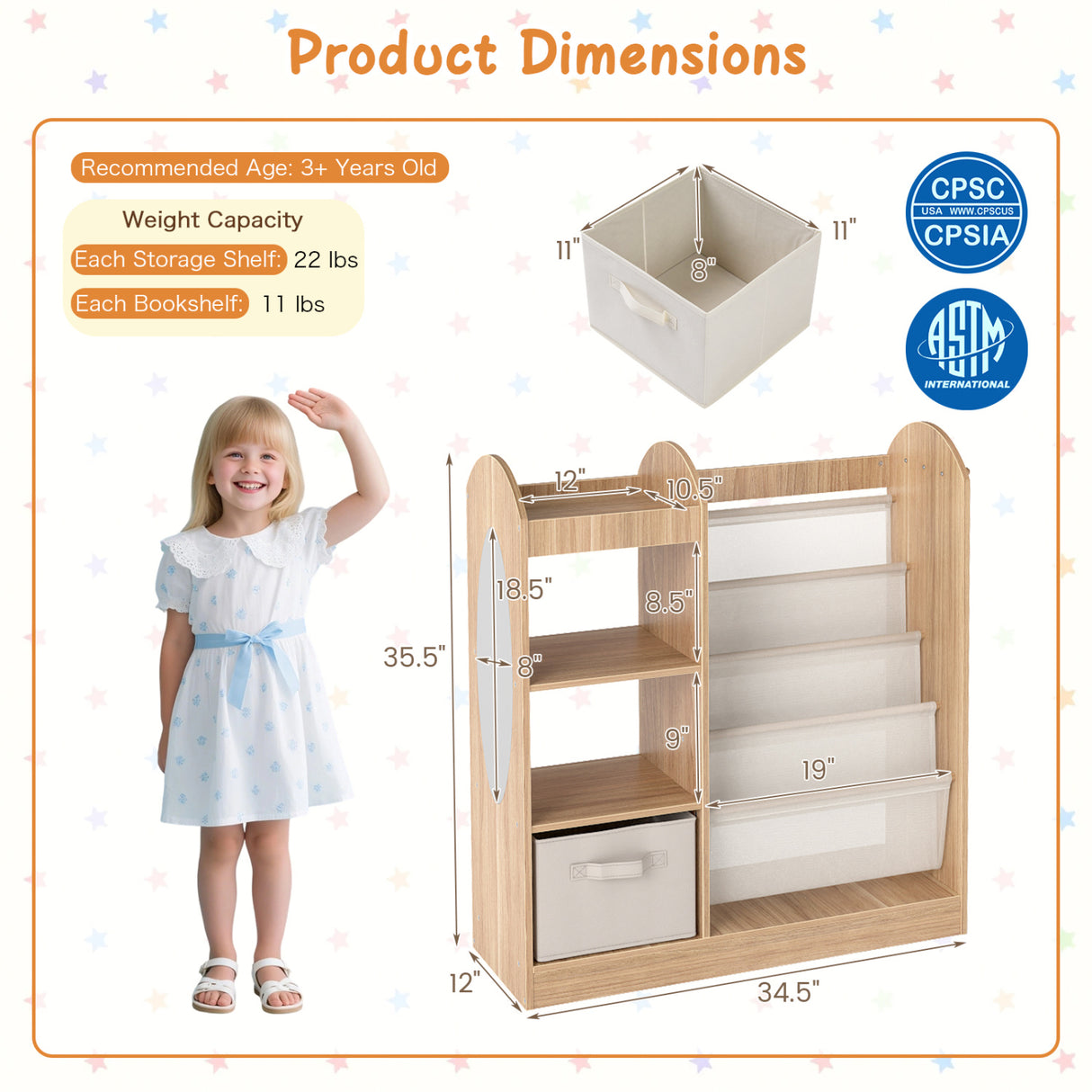 Toy Storage Organizer with 4-Tier Sling Shelves-Natural