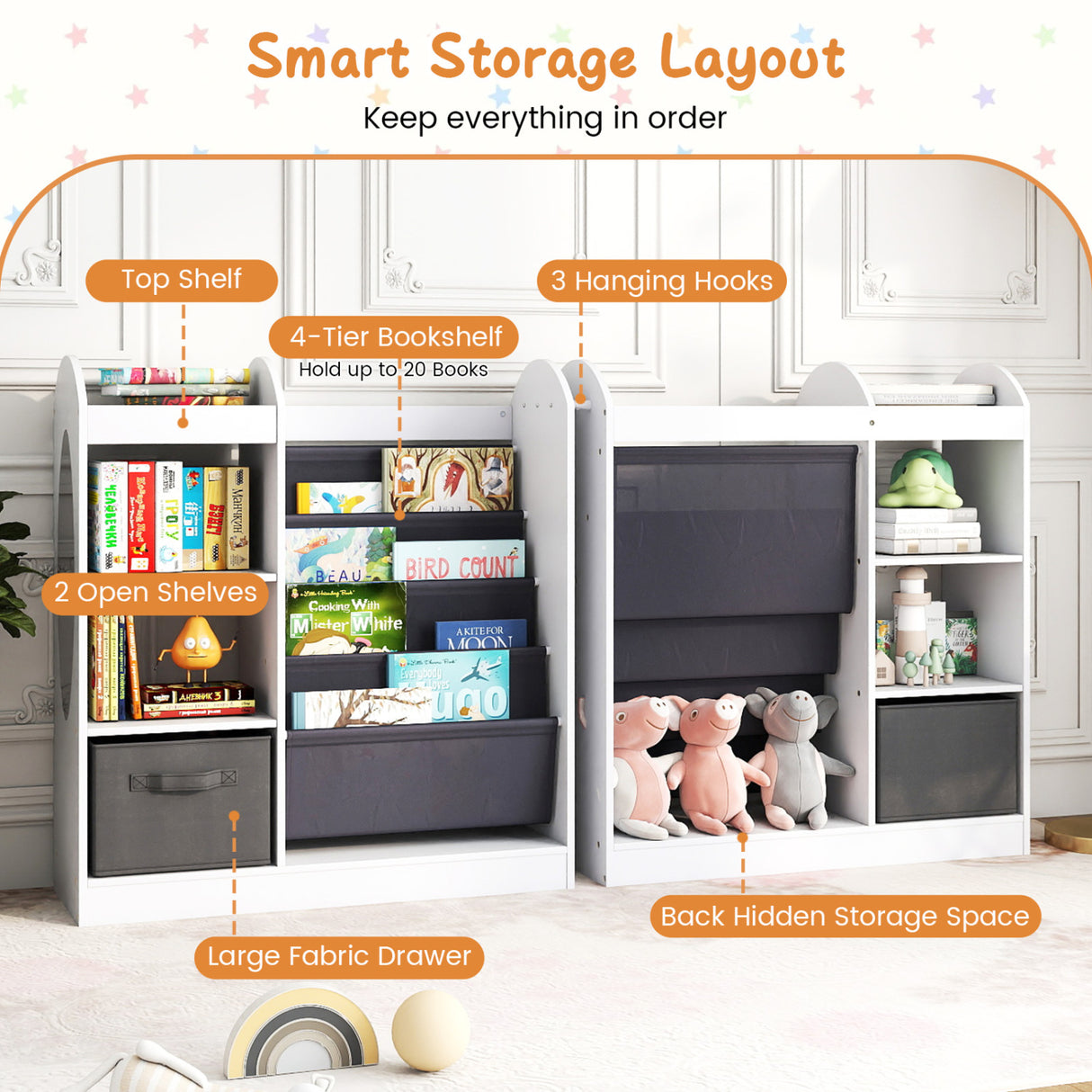 Toy Storage Organizer with 4-Tier Sling Shelves-White