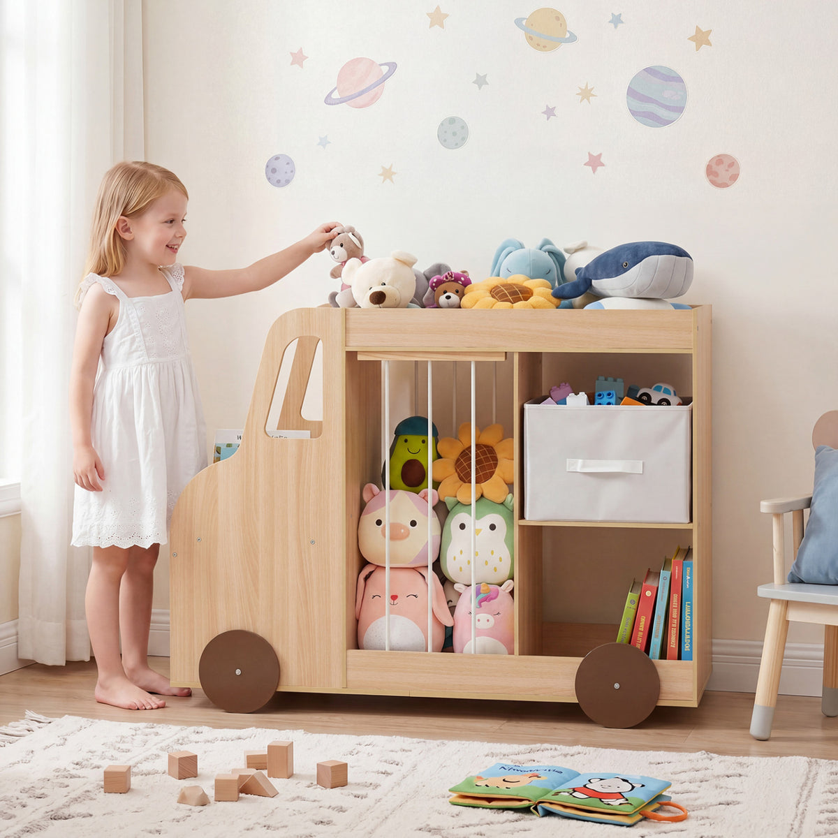 Toy Storage Organizer with Stuffed Animal Storage Fabric Drawer and Universal Wheels-Natrual