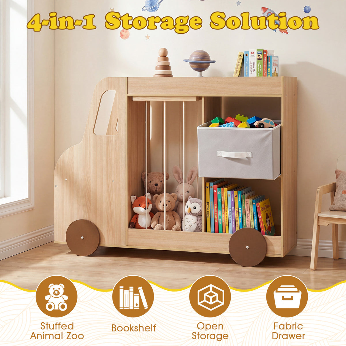Toy Storage Organizer with Stuffed Animal Storage Fabric Drawer and Universal Wheels-Natrual