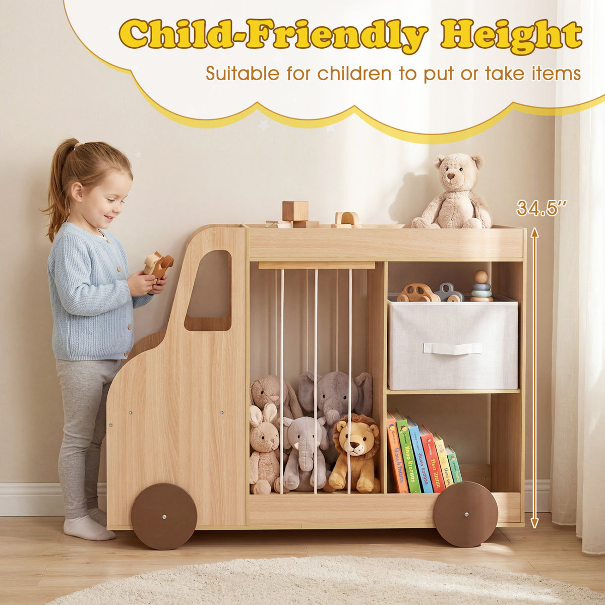 Toy Storage Organizer with Stuffed Animal Storage Fabric Drawer and Universal Wheels-Natrual