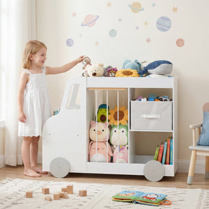 Toy Storage Organizer with Stuffed Animal Storage Fabric Drawer and Universal Wheels-White