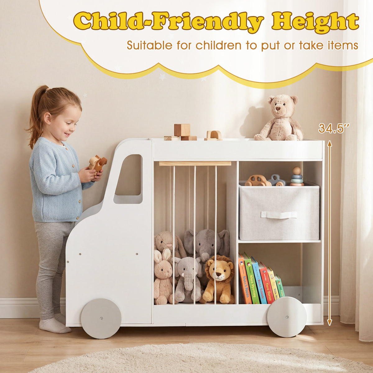 Toy Storage Organizer with Stuffed Animal Storage Fabric Drawer and Universal Wheels-White