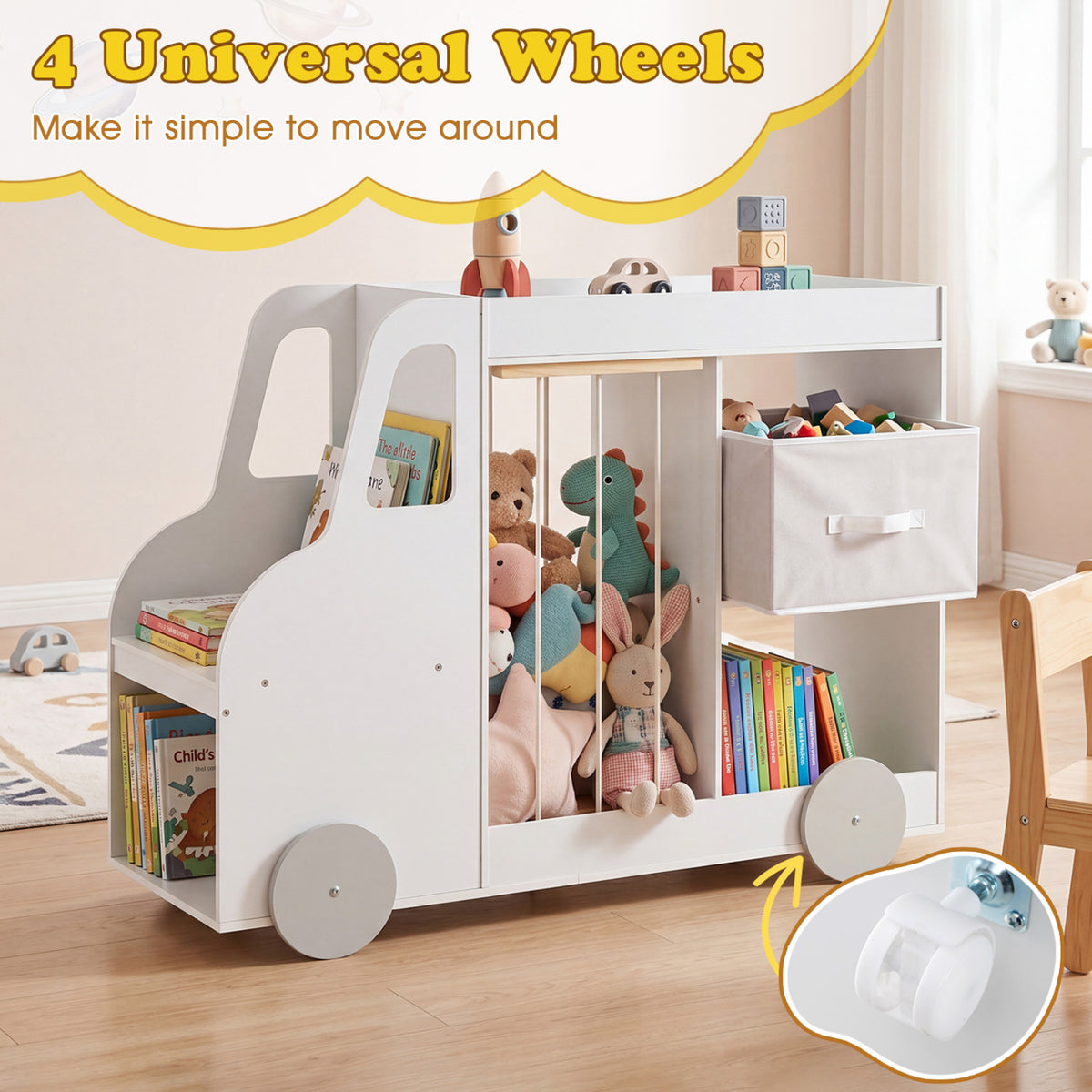 Toy Storage Organizer with Stuffed Animal Storage Fabric Drawer and Universal Wheels-White