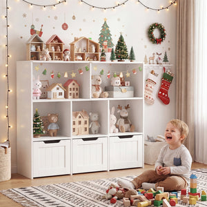 Toy Storage Organizer with 3 Movable Drawers and 5 Open Cubbies for Playroom-White