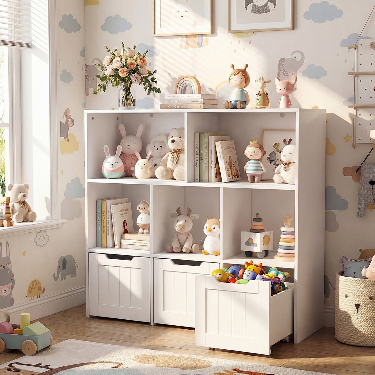 Toy Storage Organizer with 3 Movable Drawers and 5 Open Cubbies for Playroom-White