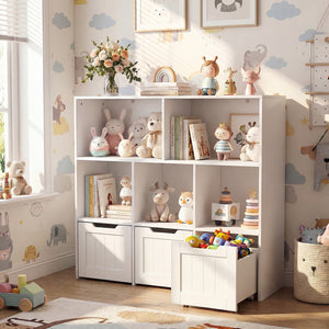 Toy Storage Organizer with 3 Movable Drawers and 5 Open Cubbies for Playroom-White