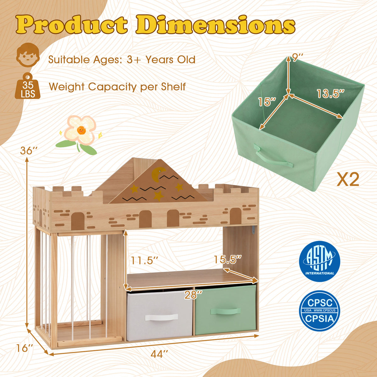 Toy Storage Organizer with Stuffed Animal Storage and Open Shelves-Natural