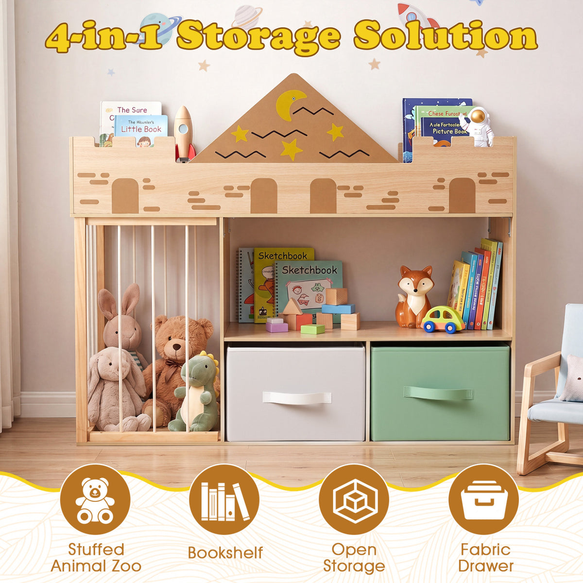 Toy Storage Organizer with Stuffed Animal Storage and Open Shelves-Natural