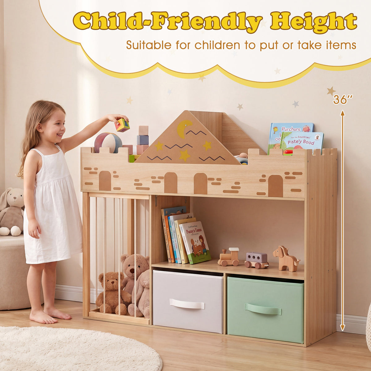 Toy Storage Organizer with Stuffed Animal Storage and Open Shelves-Natural