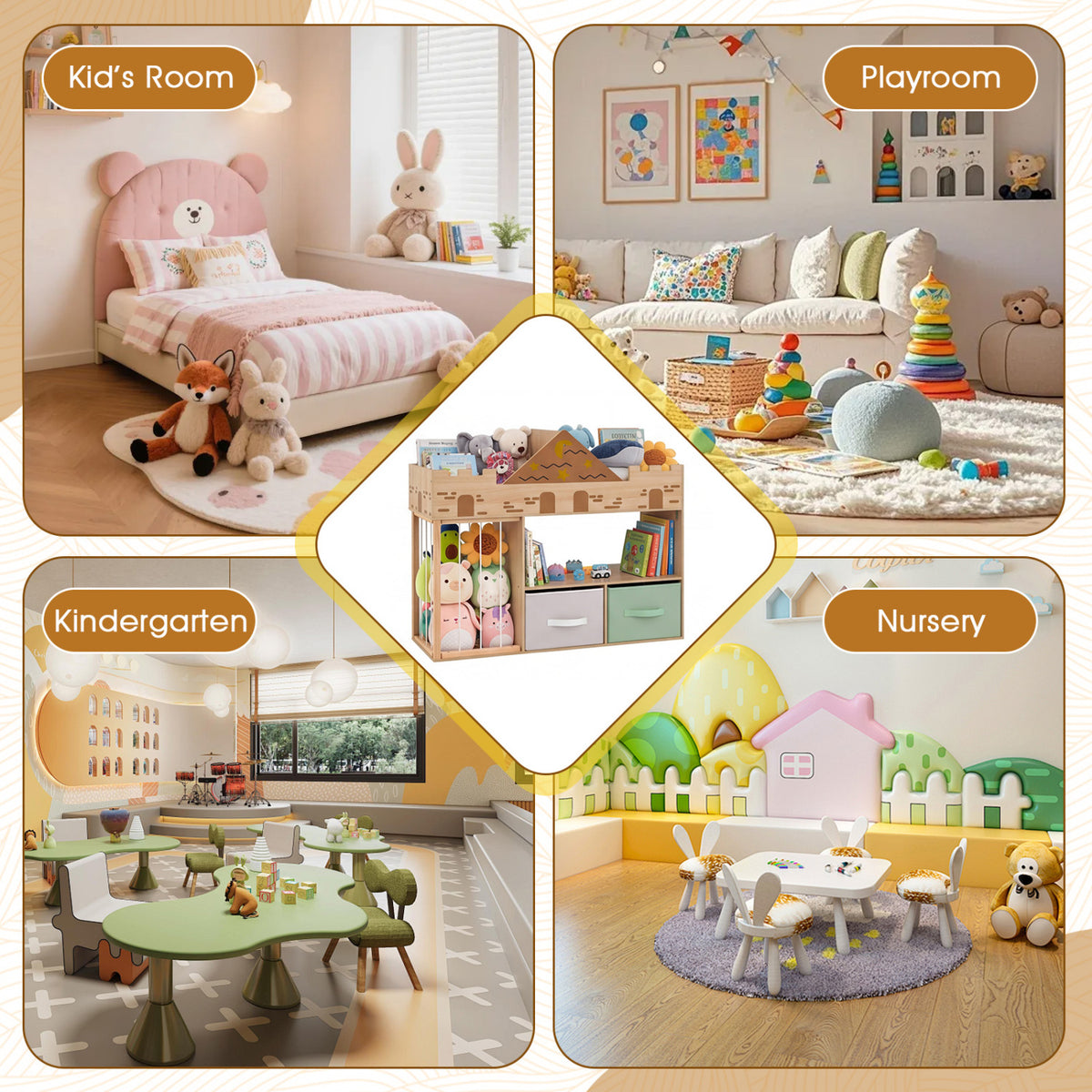 Toy Storage Organizer with Stuffed Animal Storage and Open Shelves-Natural