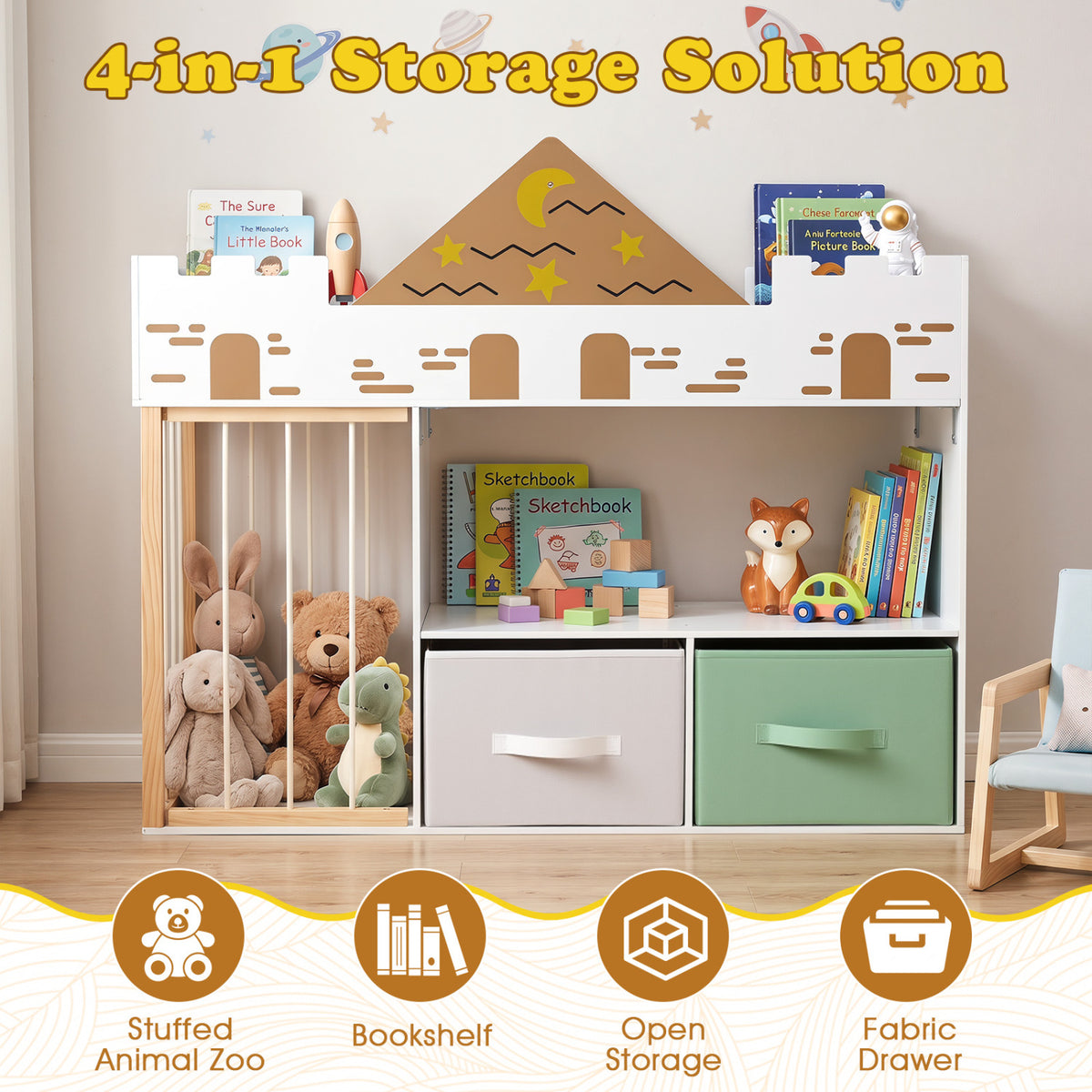 Toy Storage Organizer with Stuffed Animal Storage and Open Shelves-White