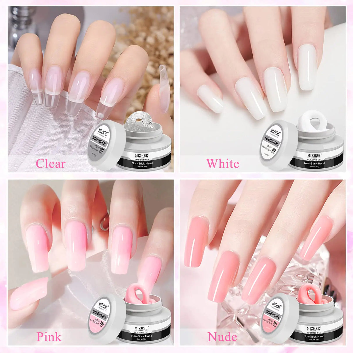 MIZHSE Solid Builder Gel, Nail Sculpture Gel Non-Sticky 4 Colors Nude Clear White Pink Hard Builder Gel Nails UV LED Nail Extension Gel For Nail Salon Home Manicure C-Classic Colors * 4