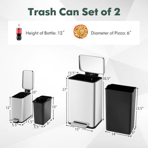 10.5 Gal and 1.6 Gal Step Trash Can Combo Set with Detachable Inner Buckets-Silver