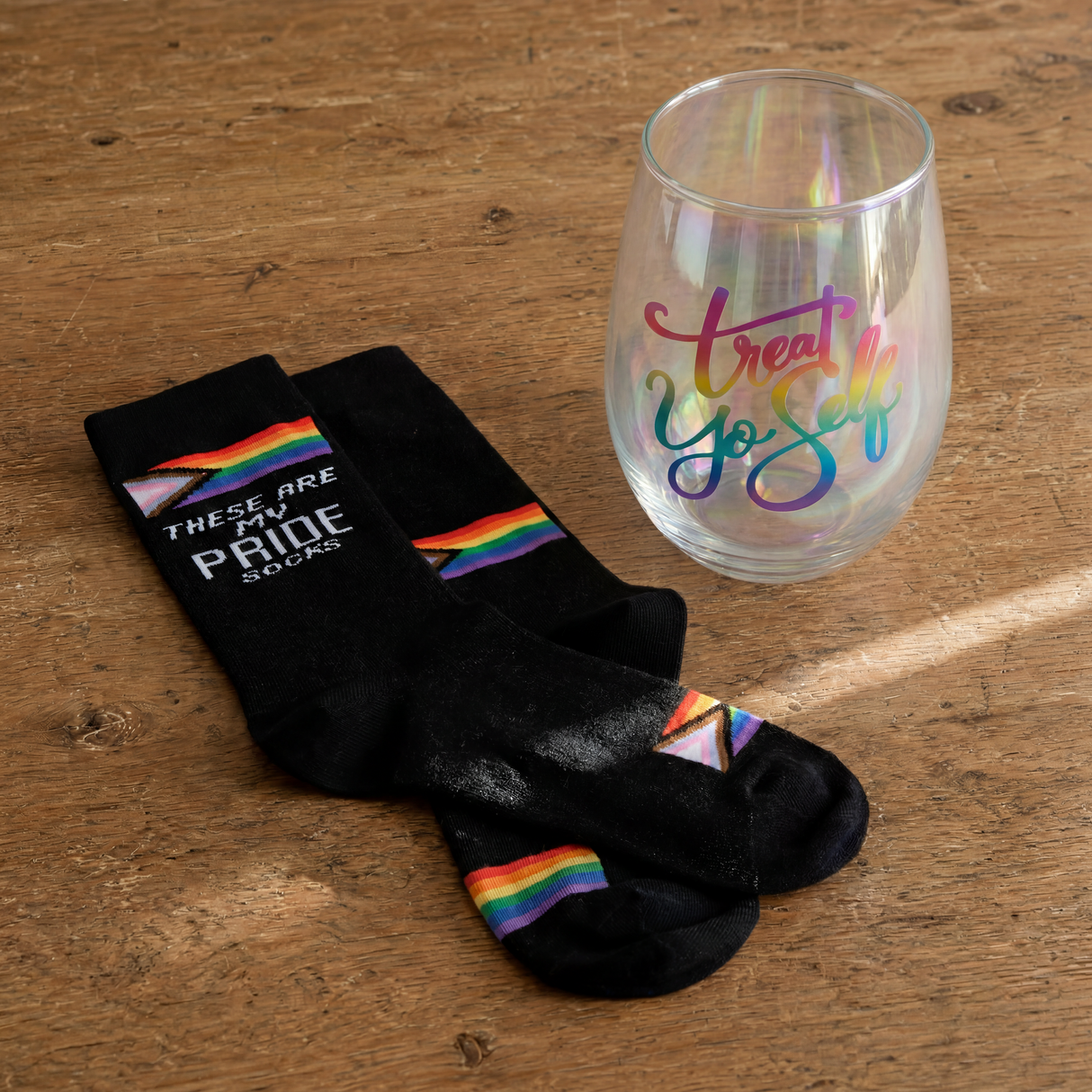 Treat Yo Self Gift Set | Jumbo Wine Glass & Pride Socks in Gift Bag | Ready to Gift!
