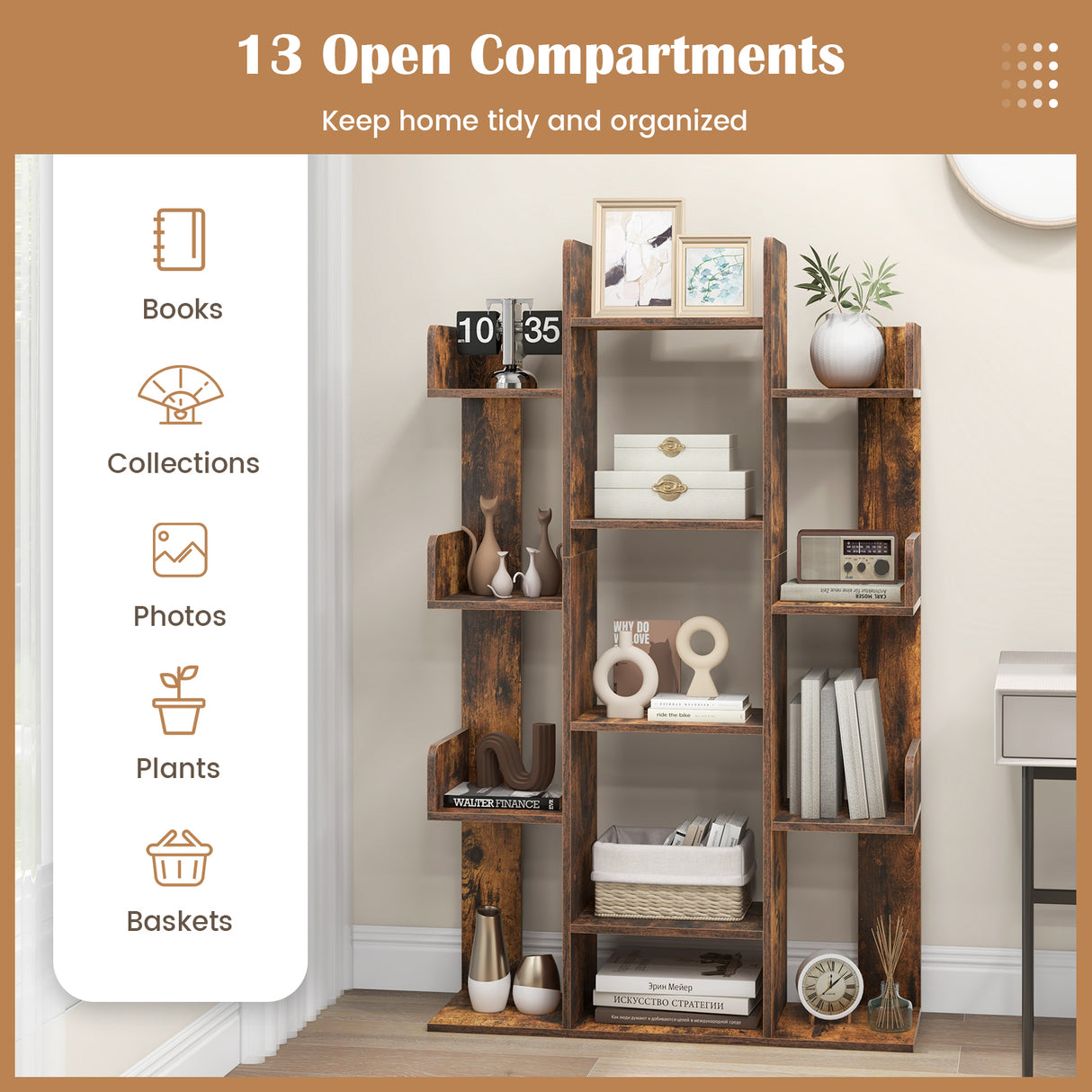 Tree-Shaped Bookshelf with 13 Compartments for Home Office-Rustic Brown
