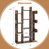 Tree-Shaped Bookshelf with 13 Compartments for Home Office-Rustic Brown