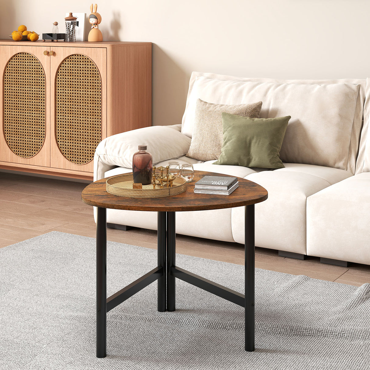 Triangle Coffee Table Oval Coffee Table with Metal Legs Industrial Center Table-Rustic Brown