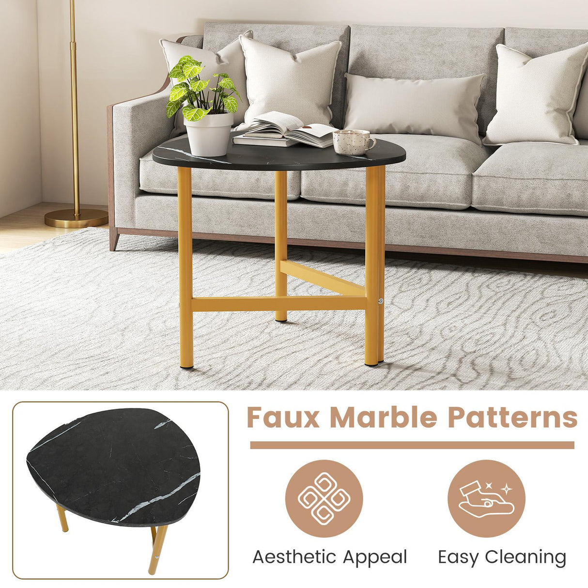 Triangle Coffee Table Oval Coffee Table with Metal Legs Industrial Center Table-Black