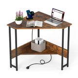 Triangle Computer Corner Desk with Charging Station-Rustic Brown