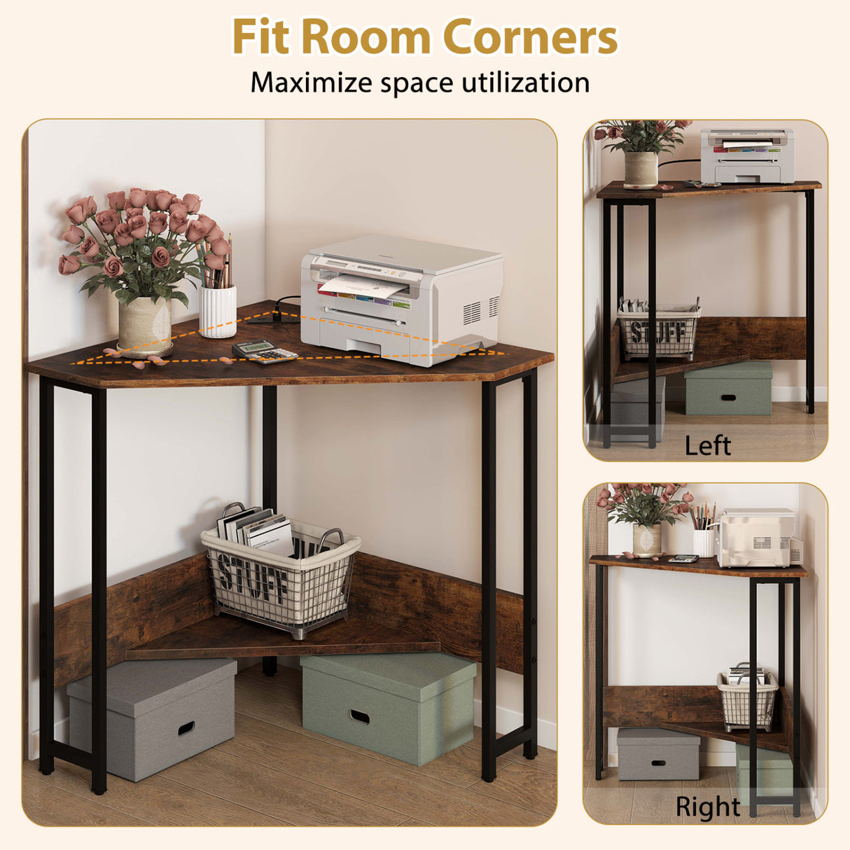 Triangle Computer Corner Desk with Charging Station-Rustic Brown