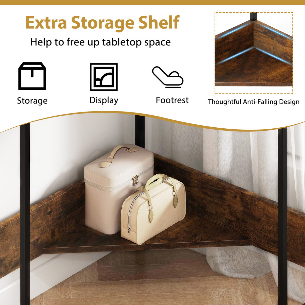 Triangle Computer Corner Desk with Charging Station-Rustic Brown