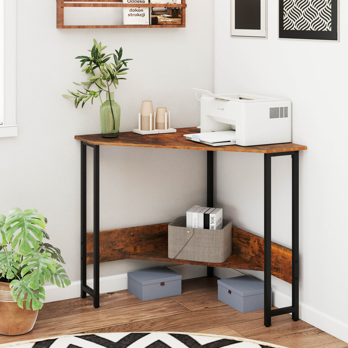 Triangle Computer Corner Desk with Charging Station-Rustic Brown