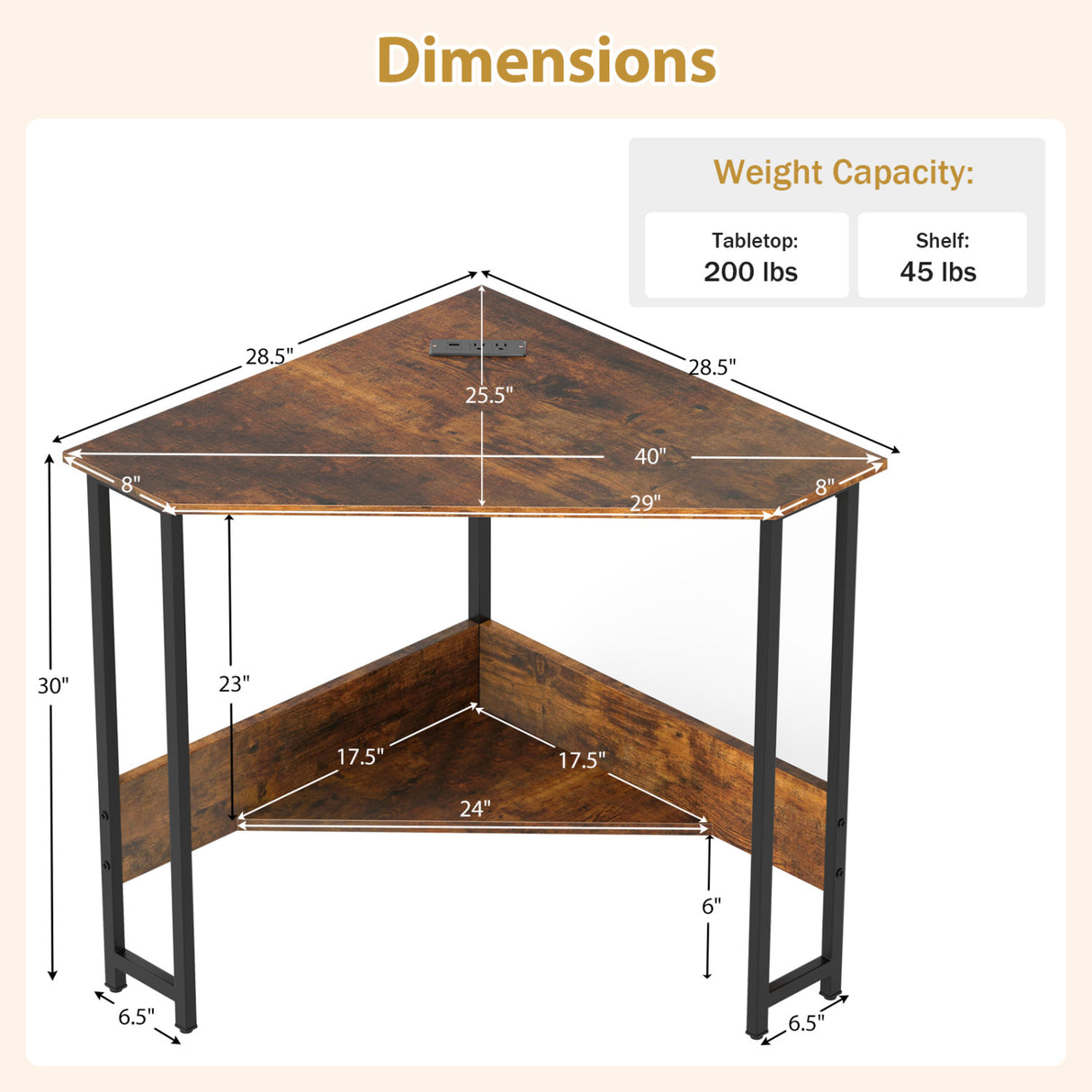 Triangle Computer Corner Desk with Charging Station-Rustic Brown