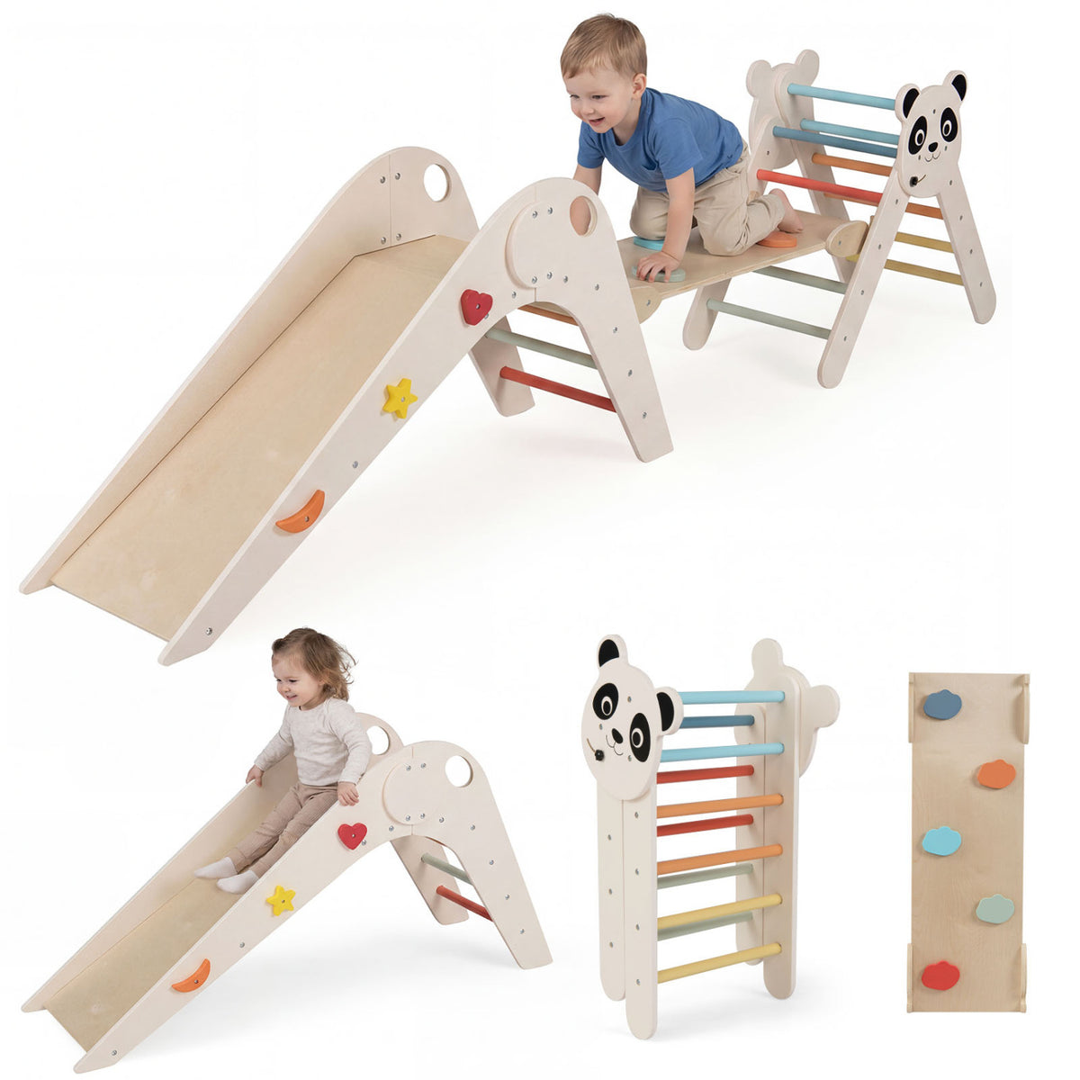 Triangle Set Foldable Kids Climbing Toys Panda-Themed Wood Montessori Climbing Set-Macaron