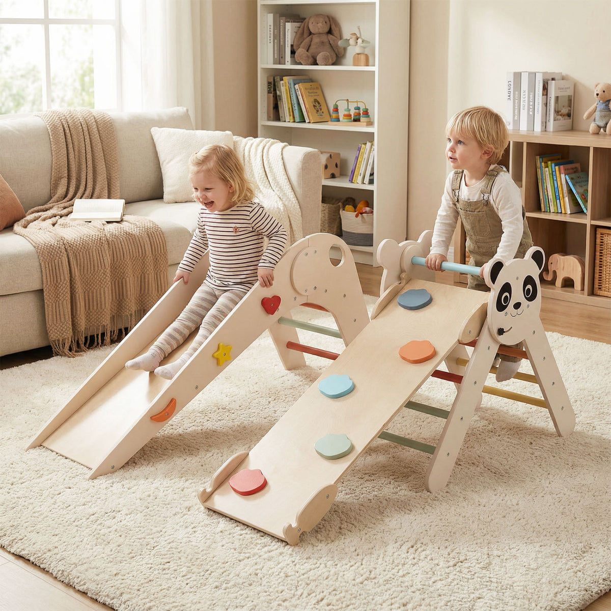 Triangle Set Foldable Kids Climbing Toys Panda-Themed Wood Montessori Climbing Set-Macaron