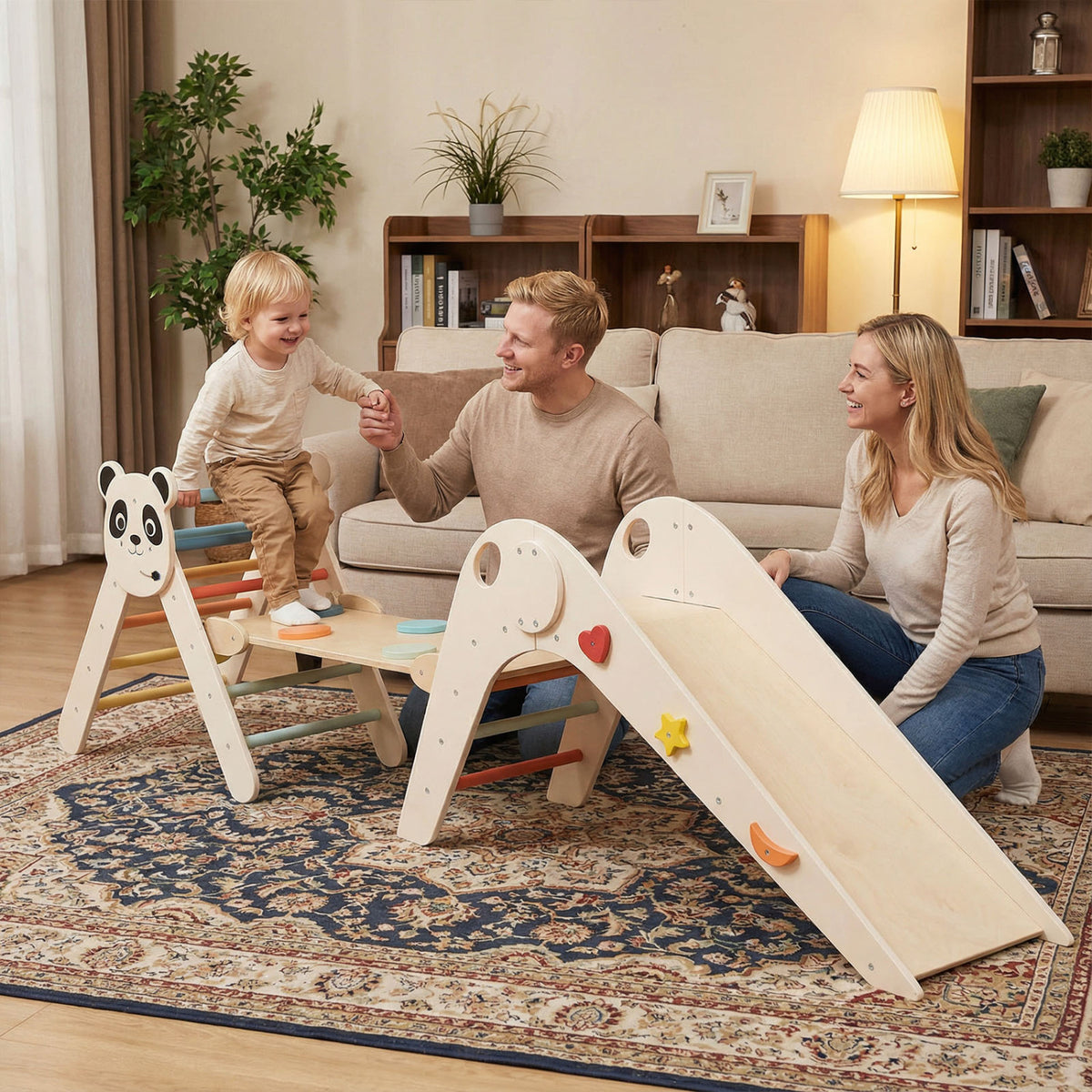 Triangle Set Foldable Kids Climbing Toys Panda-Themed Wood Montessori Climbing Set-Macaron