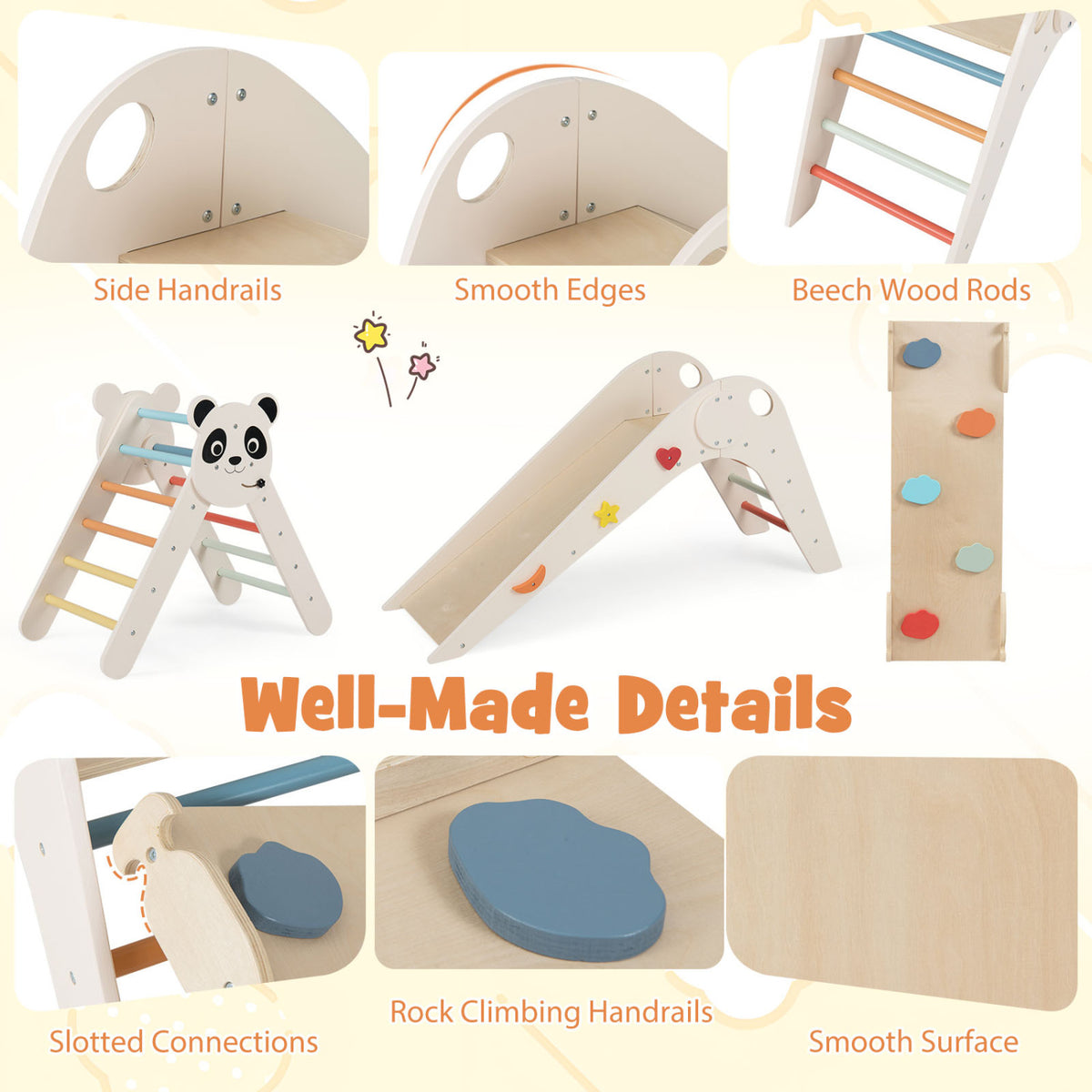 Triangle Set Foldable Kids Climbing Toys Panda-Themed Wood Montessori Climbing Set-Macaron
