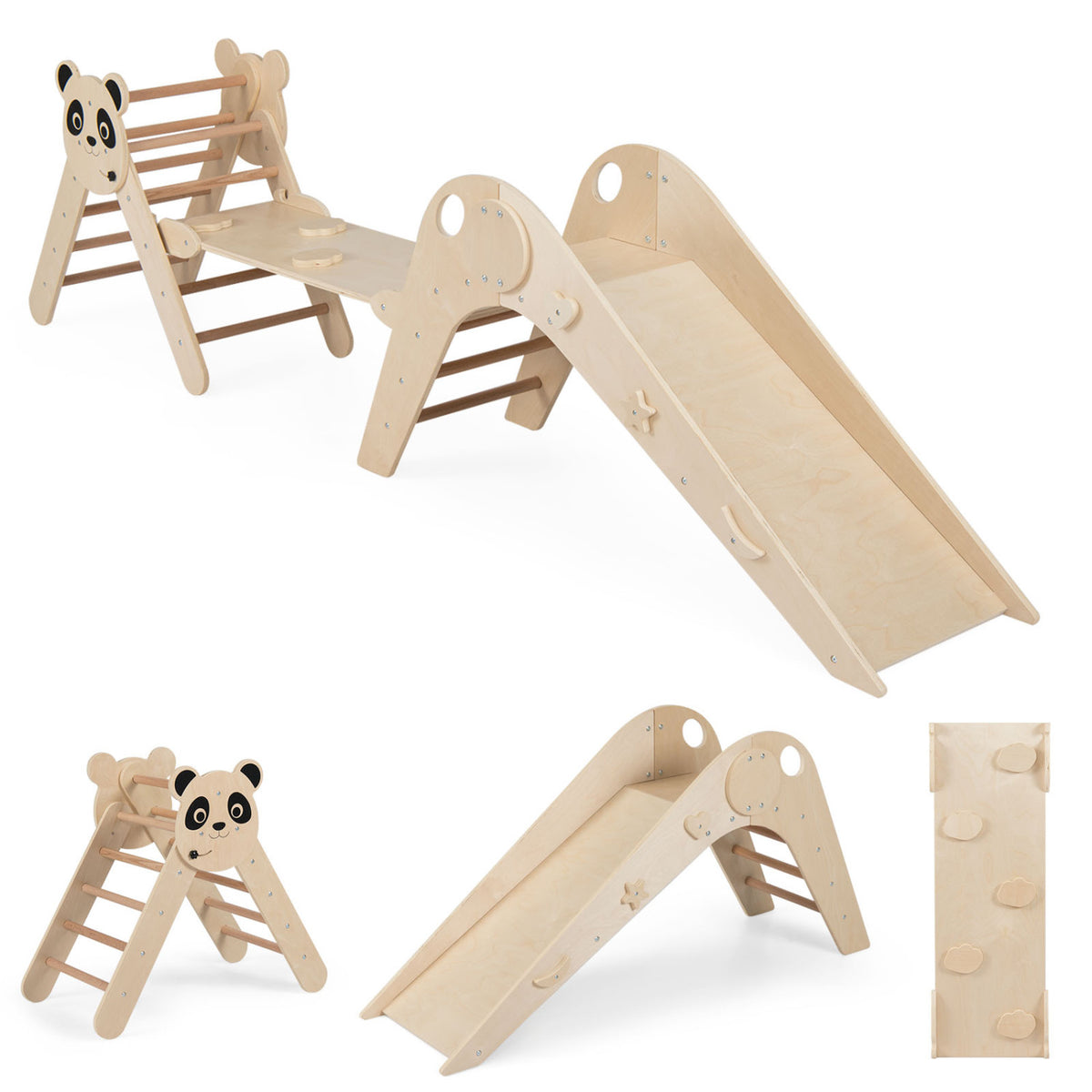 Triangle Set Foldable Kids Climbing Toys Panda-Themed Wood Montessori Climbing Set-Natural