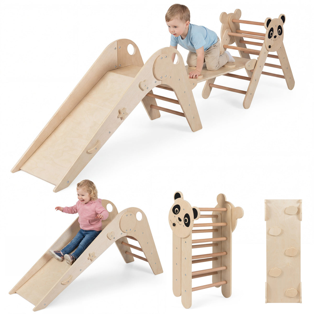 Triangle Set Foldable Kids Climbing Toys Panda-Themed Wood Montessori Climbing Set-Natural