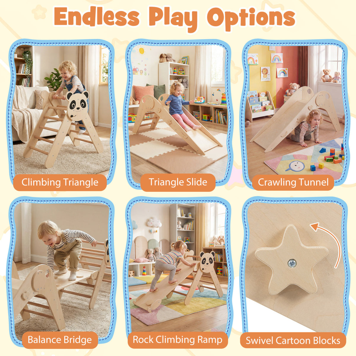 Triangle Set Foldable Kids Climbing Toys Panda-Themed Wood Montessori Climbing Set-Natural