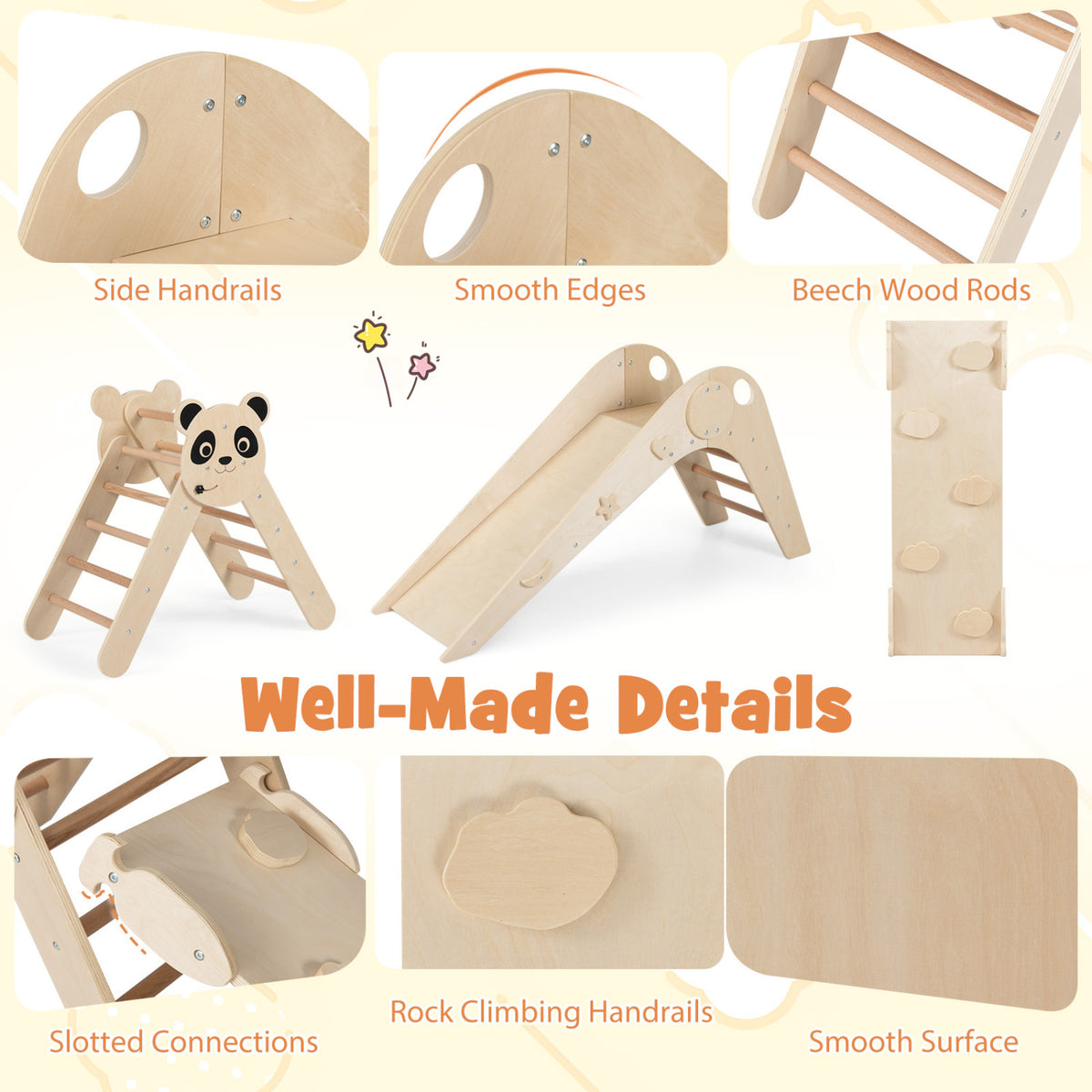 Triangle Set Foldable Kids Climbing Toys Panda-Themed Wood Montessori Climbing Set-Natural