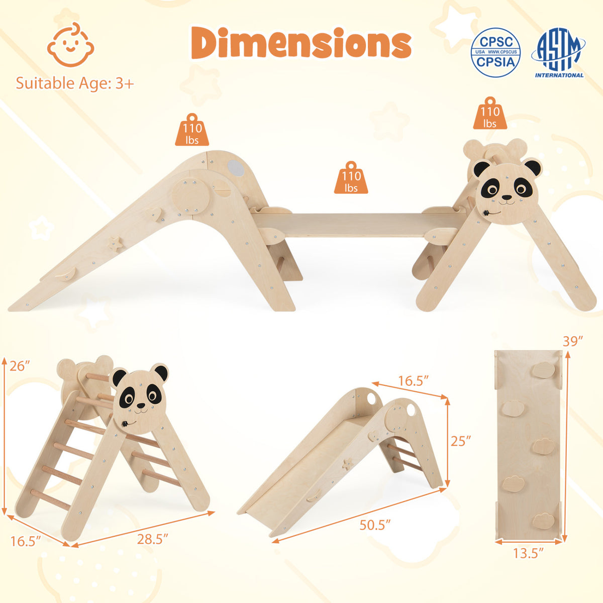 Triangle Set Foldable Kids Climbing Toys Panda-Themed Wood Montessori Climbing Set-Natural